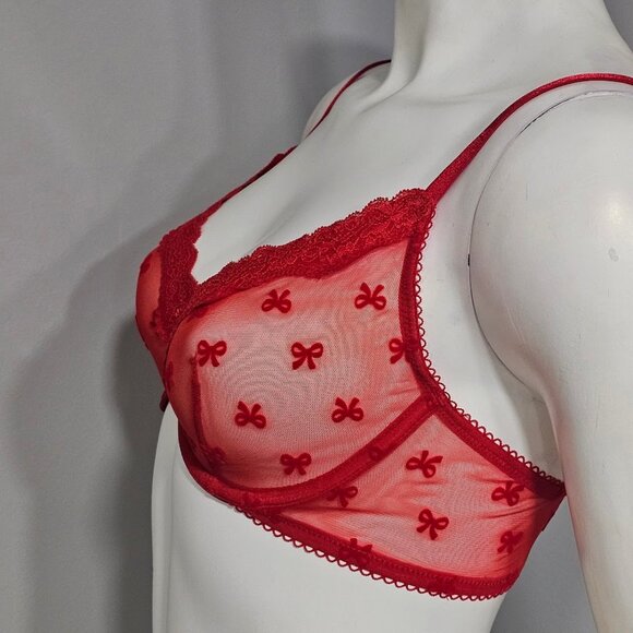 VS Tease Lace-Trim Unlined Demi Bright Vermillion Bows - Picture 3 of 8